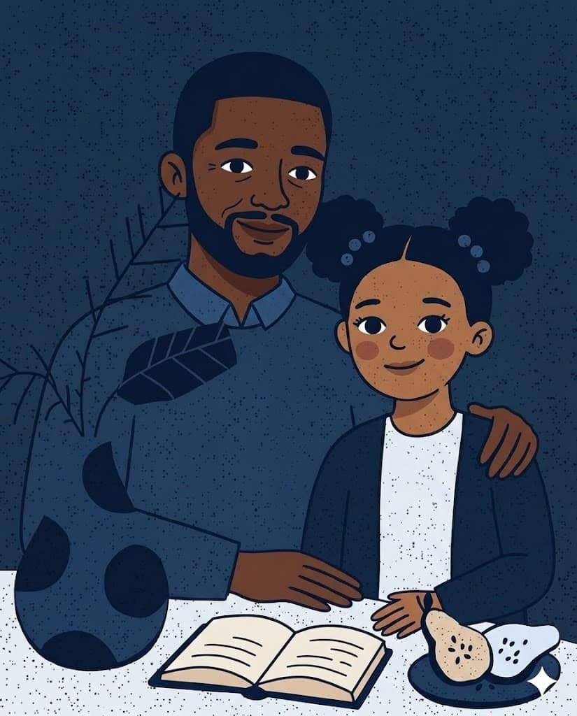 Illustrated portrait of a father and daughter sharing a warm moment at a table with an open book, representing the trusted adult relationships built through HRRF's Youth Mentorship Network.
